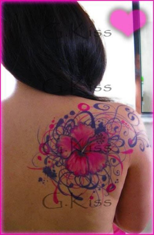 Hibiscus Tattoo On Back Shoulder