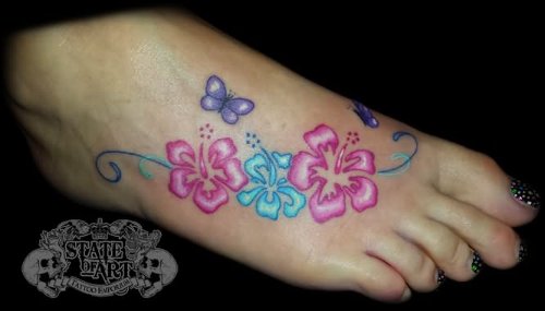 Hibiscus Flowers Tattoo On Right Foot For Girls