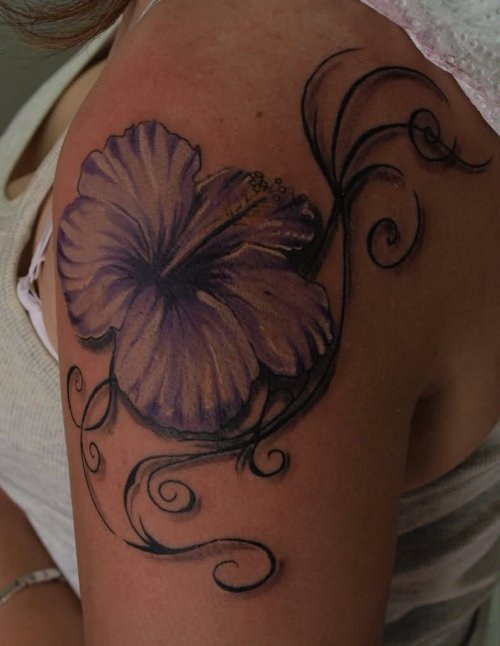 Hibiscus Tattoo On Left Shoulder For Girls
