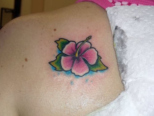 Back Shoulder Hibiscus Flowers Tattoo For Girls