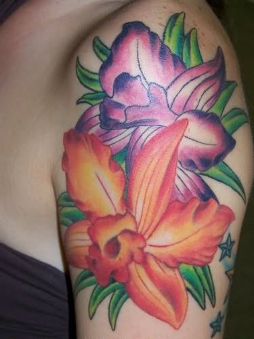 Hibiscus Flowers Tattoos On Left Shoulder