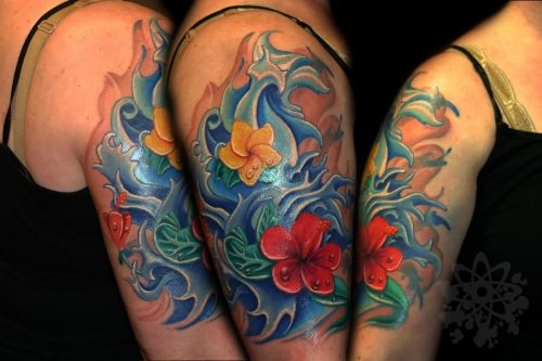 Half Sleeve Hibiscus Tattoo For Girls