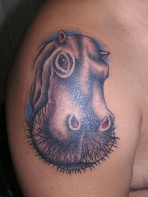 Grey Ink Hippo Head Tattoo On Shoulder