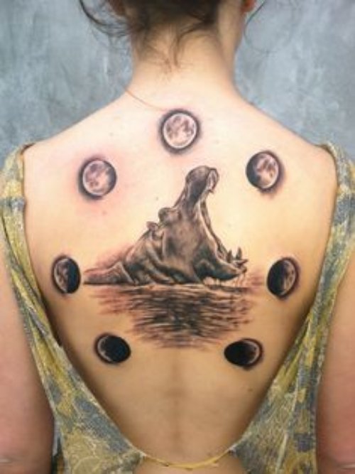 Amazing Grey Ink Hippo Tattoo On Girl Back Body