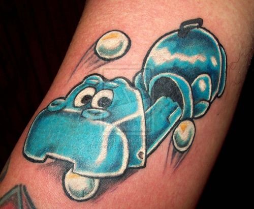 Blue Ink Hippo Tattoo On Bicep