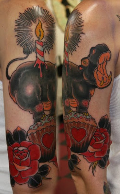 Red Rose Flowers And Hippo Tattoo