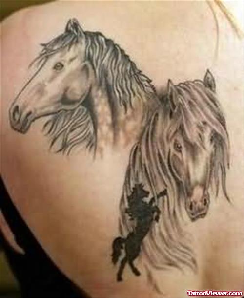 Elegant Shaded Horse Heads Tattoo On Back