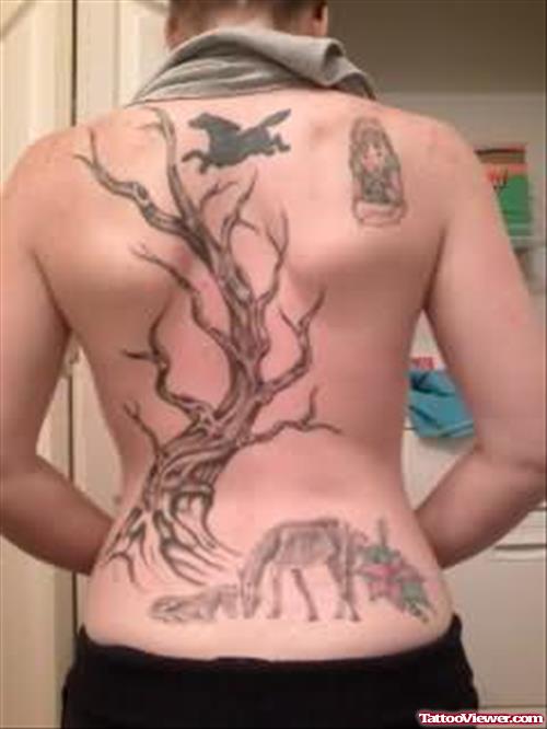 Big Tree And Horse Tattoo On Back