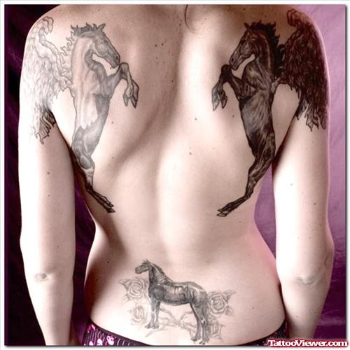 Horses Tattoos On Upper And Lower Back