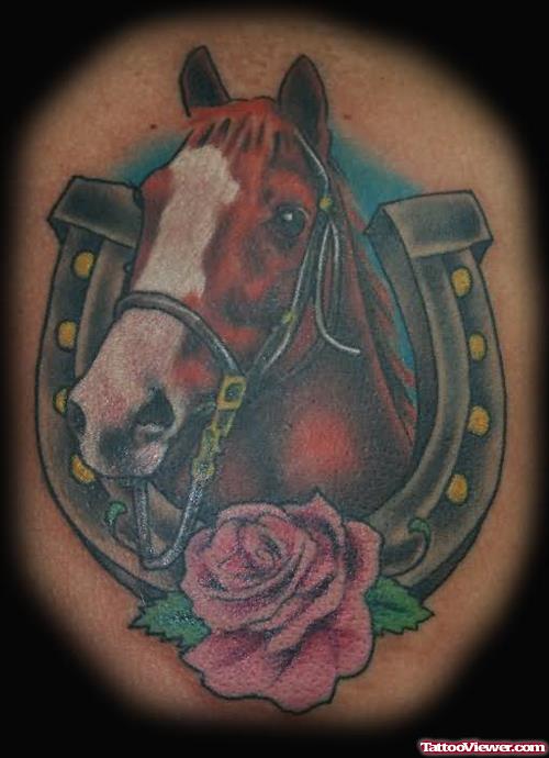 Horse And Horse Shoe With Rose Tattoo
