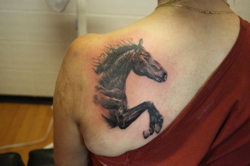 Amazing Grey Ink Horse Tattoo On Left Back Shoulder