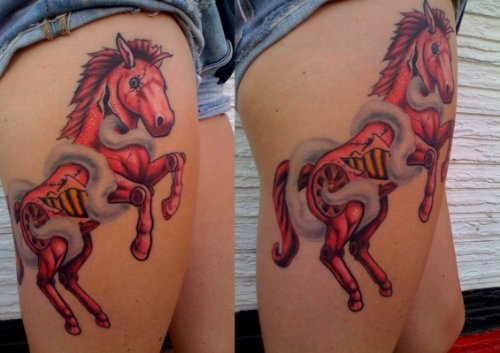 Red Horse Tattoos On Side Thigh