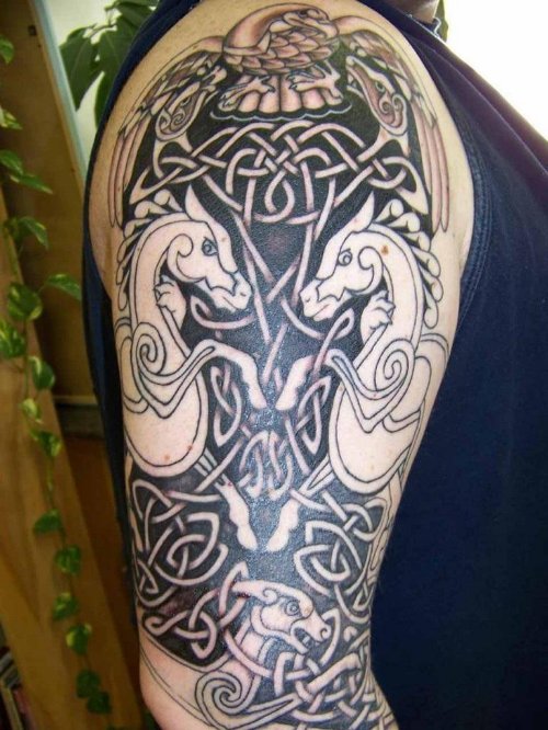 Celtic And Horse Tattoos On Right Sleeve