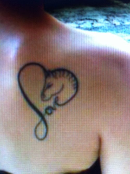Love Heart Horse Tattoo On Right Back Shoulder
