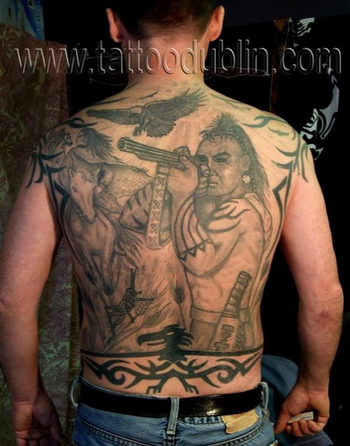 Grey Ink Warrior and Horse Tattoo On Back