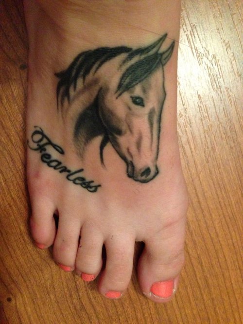 Fearless Horse Head Tattoo On Right Foot