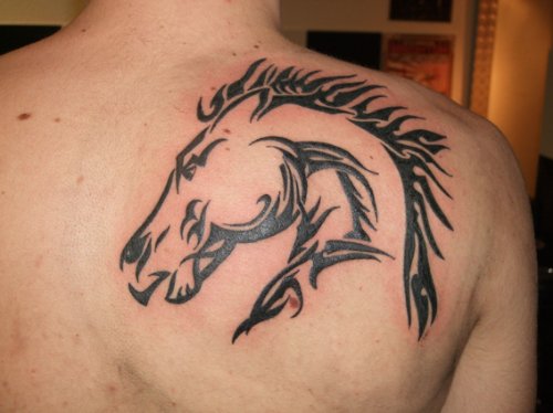 Black Tribal Horse Tattoo On Right Back Shoulder
