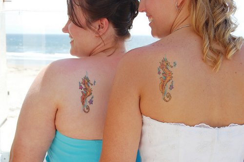Left Back Shoulders Sea Horse Tattoo