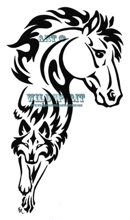 Black Ink Celtic Wolf and Horse Tattoos Designs