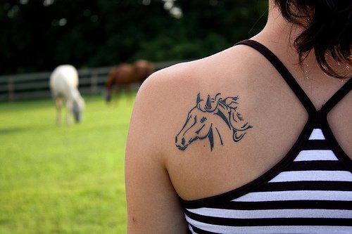 Girl Left Back Shoulder Horse Head Tattoo
