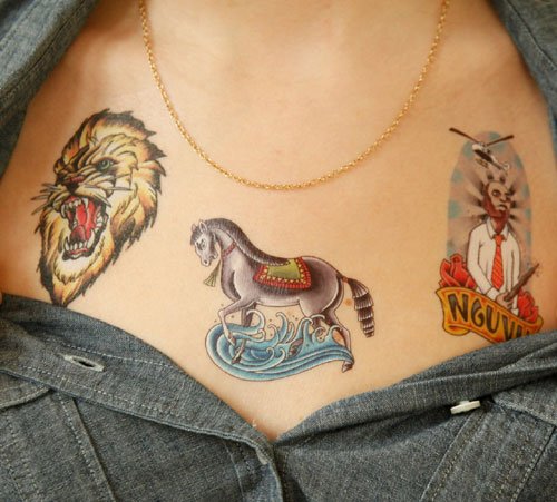 Lion Head and Horse Tattoo On Chest