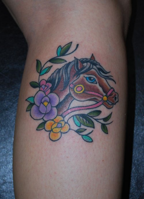 Purple And Yelloe Flower Horse Tattoo On Leg