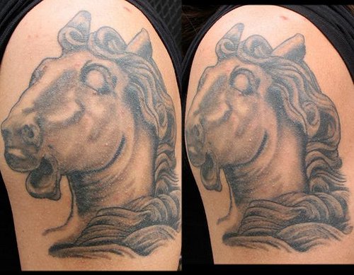 Grey Ink Horse Head Tattoos On Shoulder