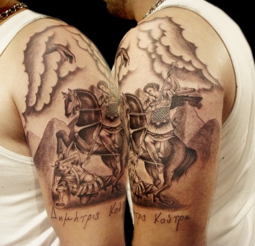 Grey Ink Horse Tattoos On Both Shoulders