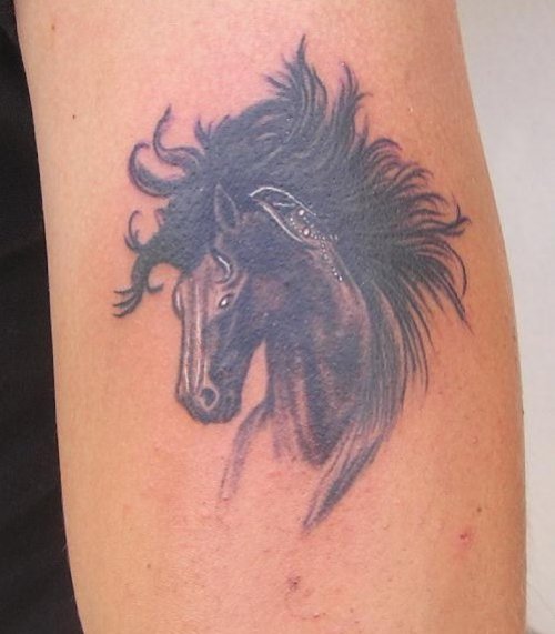 Beautiful Grey Ink Horse Tattoo On Left Bicep