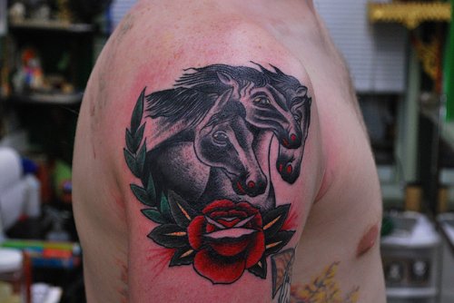 Red Rose Flower and Horse Tattoo On Right Shoulder