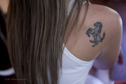 Cute Grey Ink Horse Tattoo on Right Back Shoulder