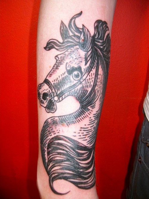 Grey Ink Horse Tattoo On Right Sleeve