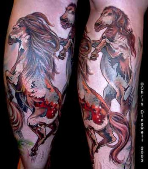 Awesome Colored Horse Tattoo On Sleeve