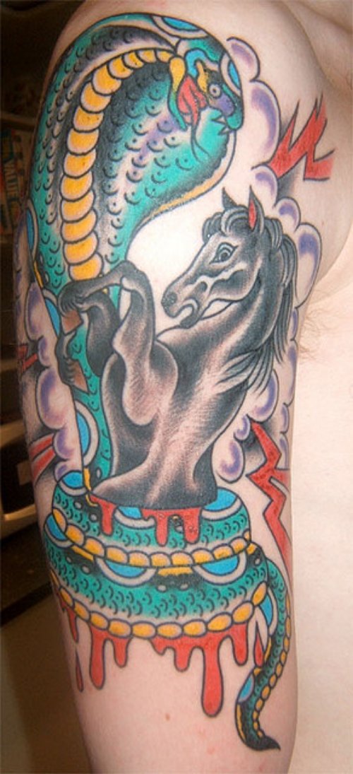 Colored Snake and Horse Tattoo On Half Sleeve