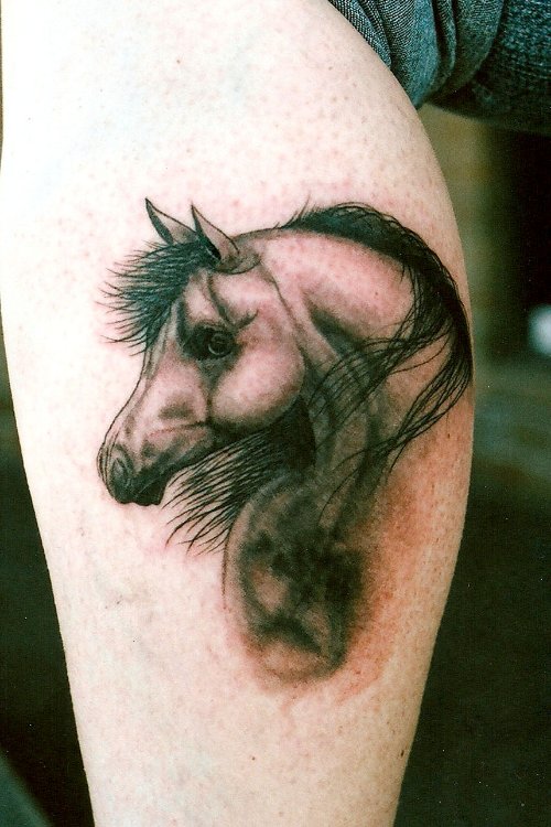 Cool Grey Ink Horse Head Tattoo On Leg