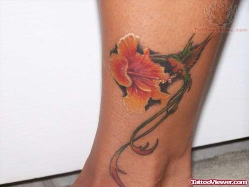 Hibiscus And Hummingbird Tattoo On Ankle