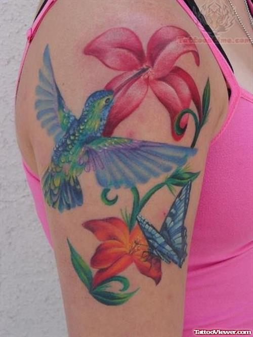 Hummingbird And Flower Tattoo On Shoulder