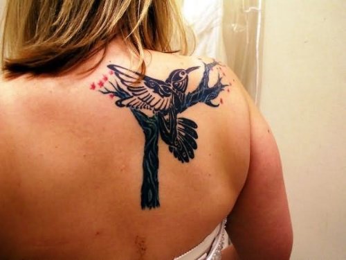 Black Tribal Hummingbird Tattoo On Back Shoulder