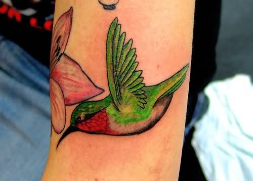 Flower and Color Hummingbird Tattoo
