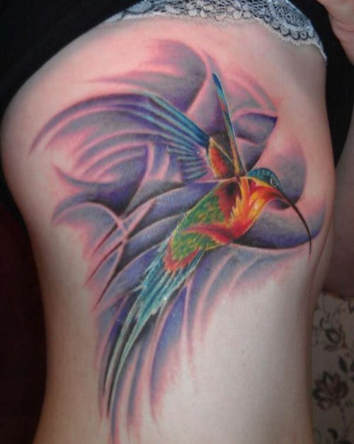 Abstract Hummingbird Tattoo On Rib Cage