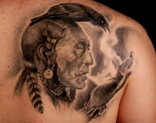 Crow And Native Indian Tattoo On Back Shoulder