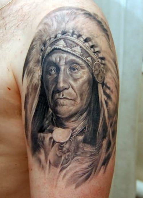 Indian Chief Portrait Tattoo On Left Shoulder