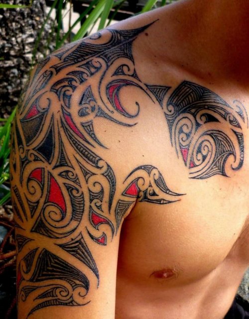 Black And Red Indian Tattoo On Shoulder
