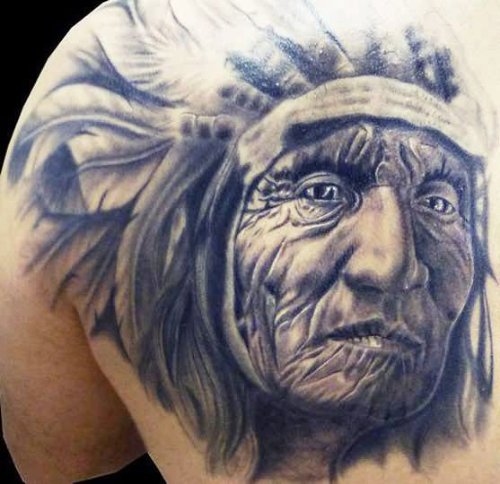 3D Old Indian Chief Portrait Tattoo On Back Shoulder