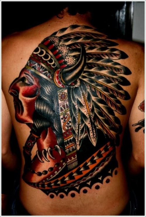 Colored 3D Indian Tattoo On Back Body