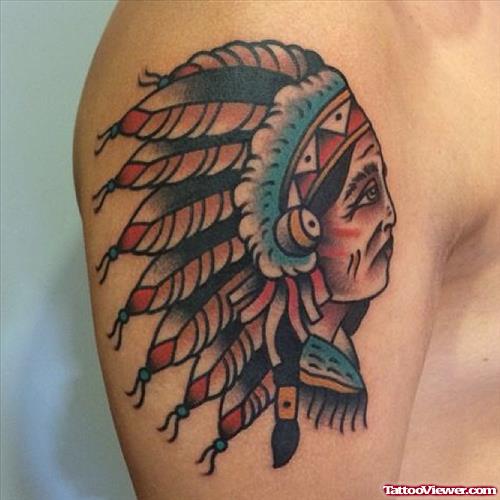 Indian head tattoo on shoulder