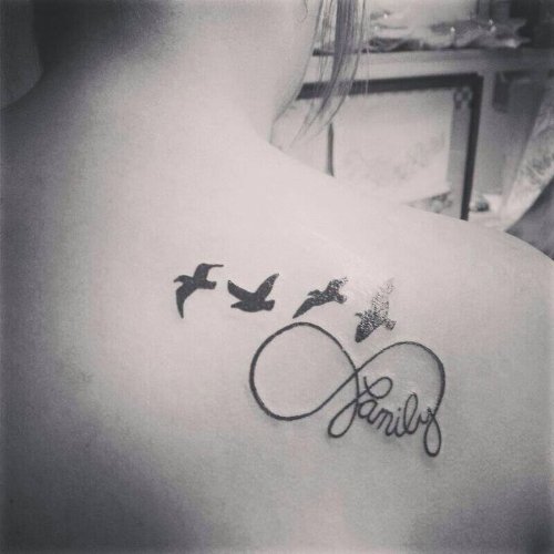 Flying Birds And Family Infinity Tattoo On Back Shoulder