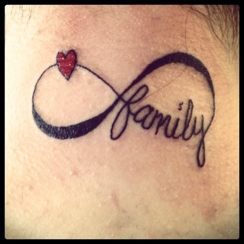 Tiny Red Heart and Family Infinity Tattoo On Back