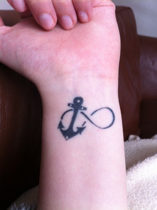 Black Anchor and Infinity Tattoo On Left Wrist