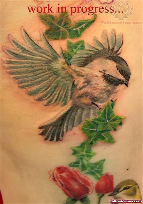 Ivy Flowers And Bird Tattoo